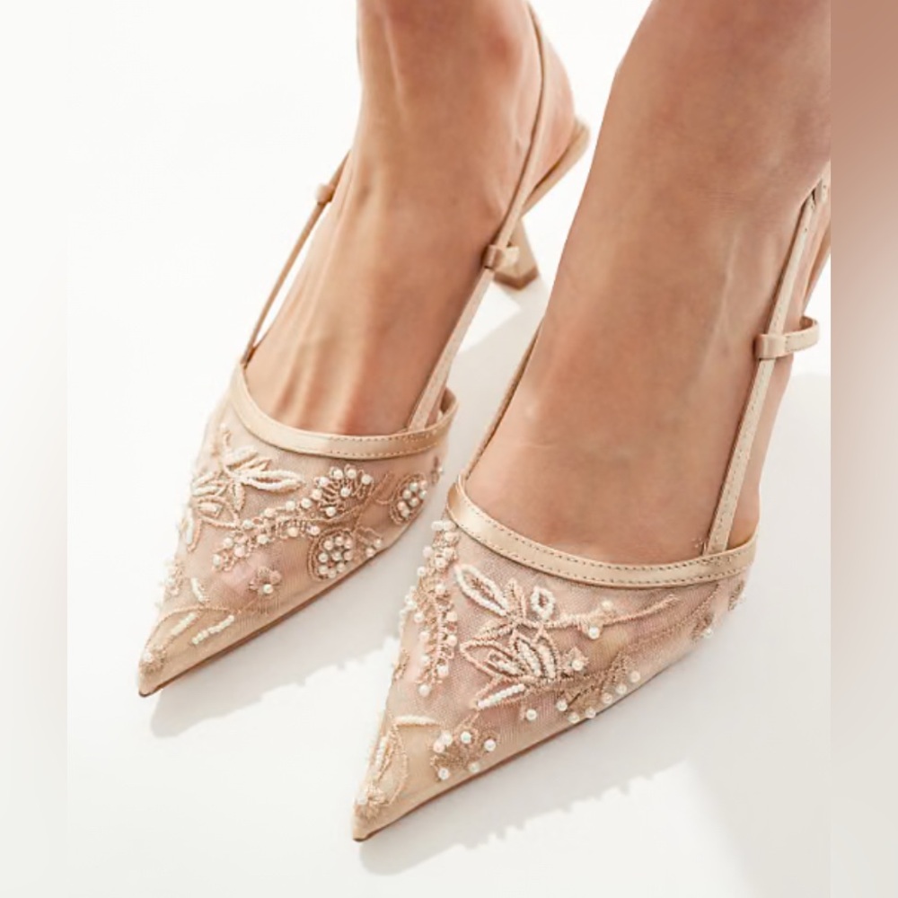 Zara Elegant Embroidered Beige Slingback Heels